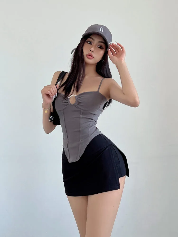 Vierra Solid Color Spaghetti Strap Silver Ring Corset Top