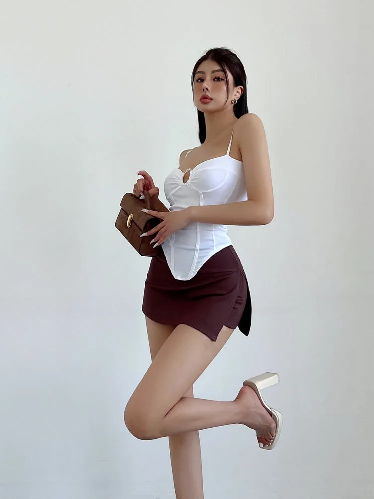 Vierra Solid Color Spaghetti Strap Silver Ring Corset Top