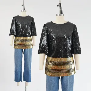 Vintage 60s Striped Sequin Top Black and Metallic Gold Short Sleeve Blouse size S M