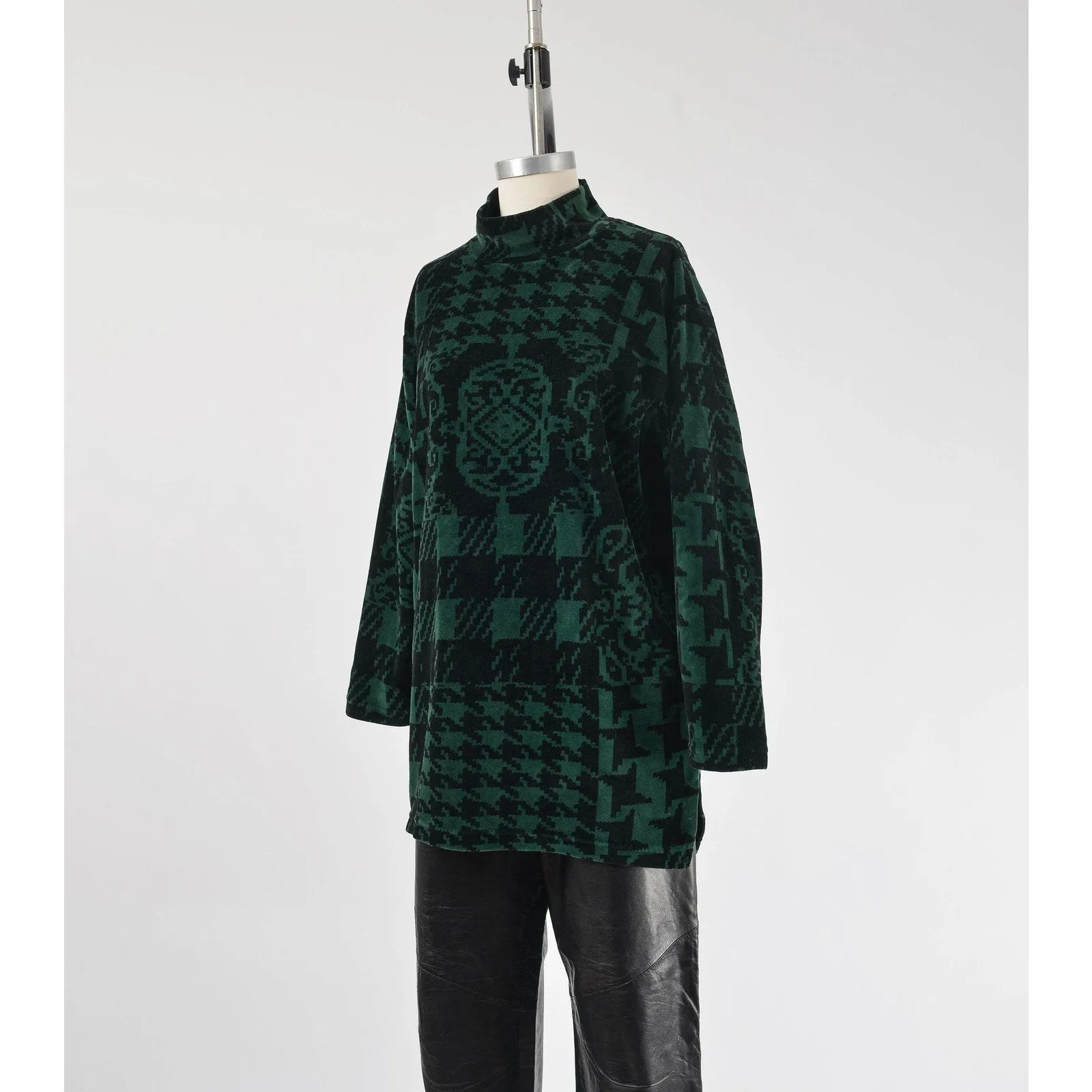 Vintage 90s Velour Plaid and Houndstooth Tunic Top Green and Black Mock Neck Stretchy Knit Shirt size M