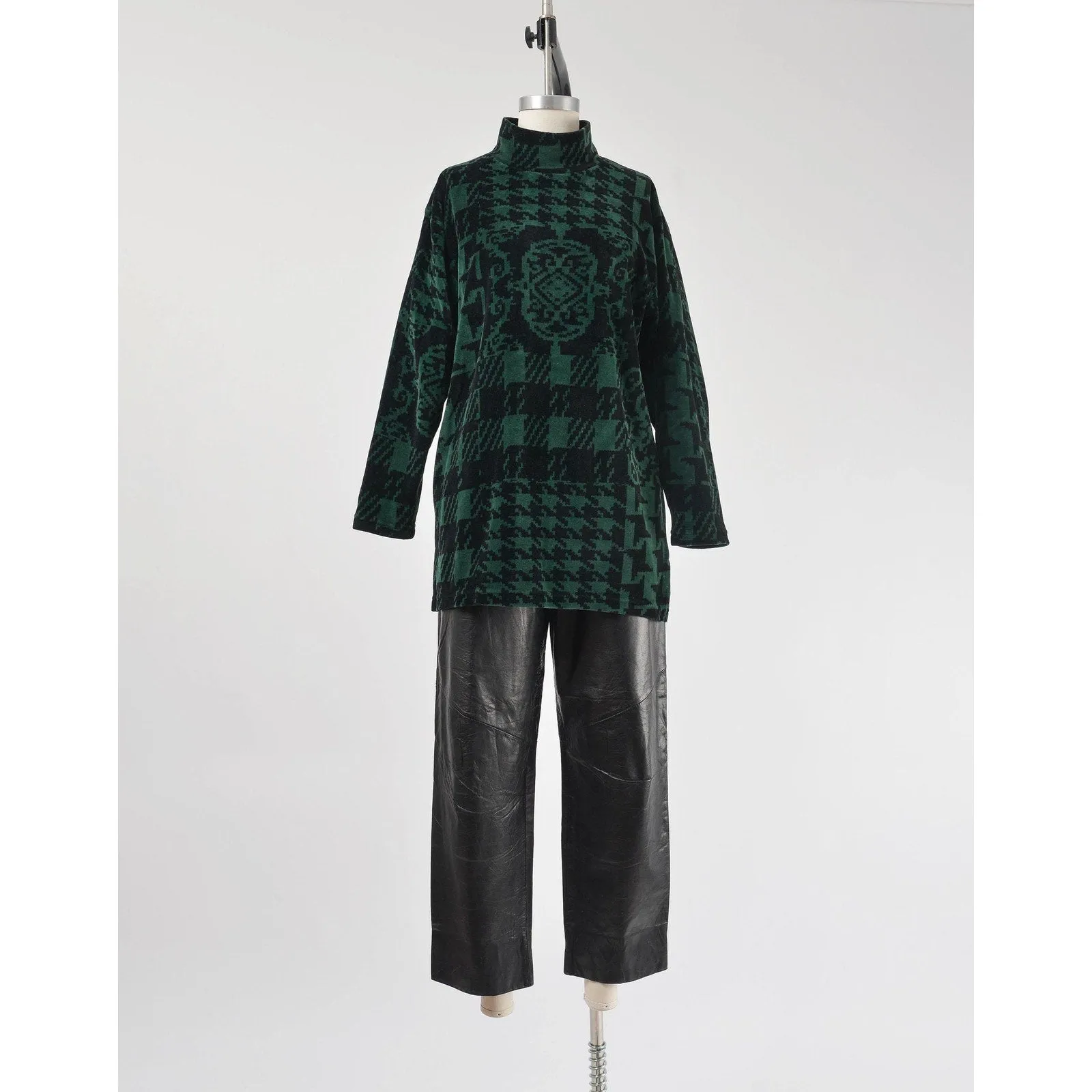 Vintage 90s Velour Plaid and Houndstooth Tunic Top Green and Black Mock Neck Stretchy Knit Shirt size M