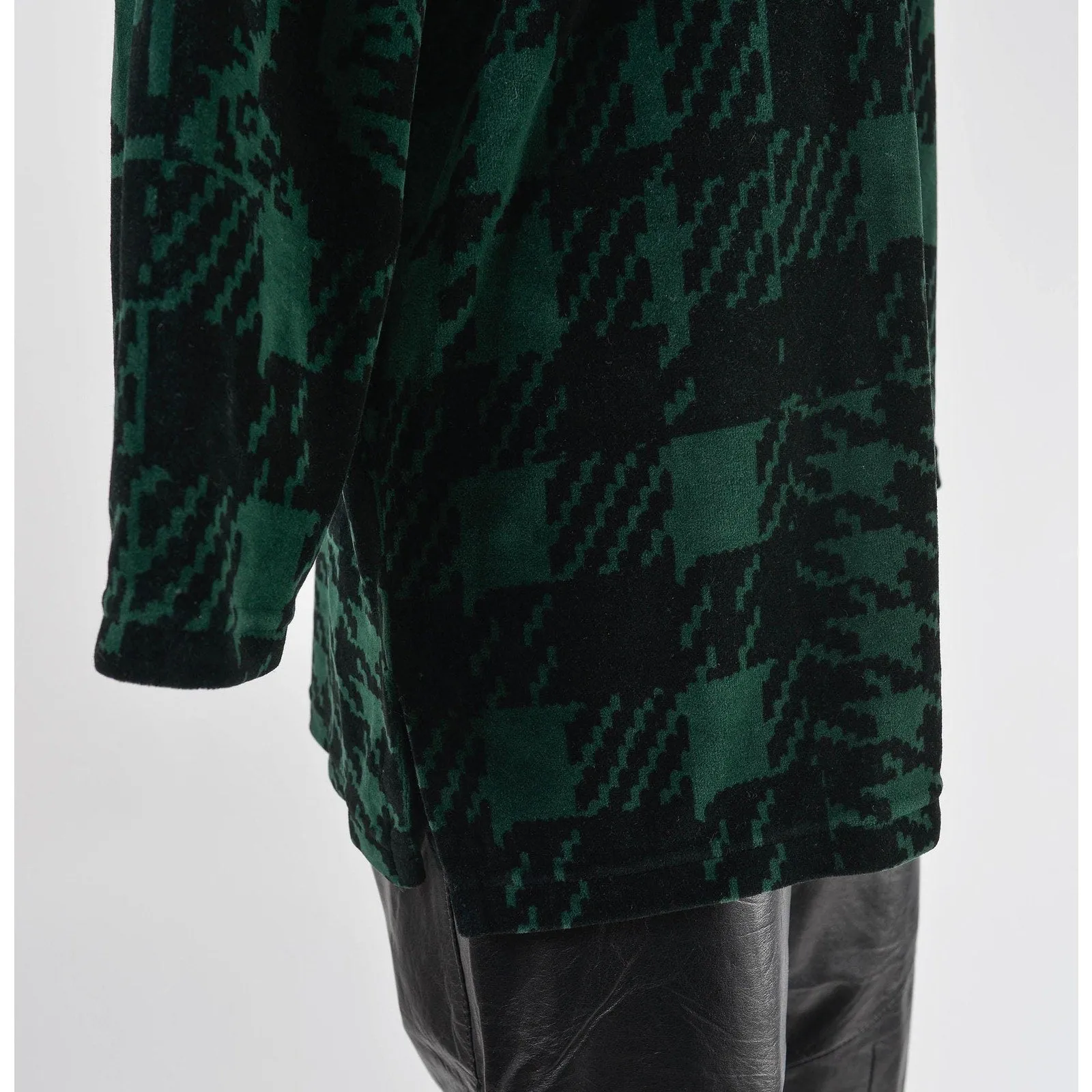 Vintage 90s Velour Plaid and Houndstooth Tunic Top Green and Black Mock Neck Stretchy Knit Shirt size M