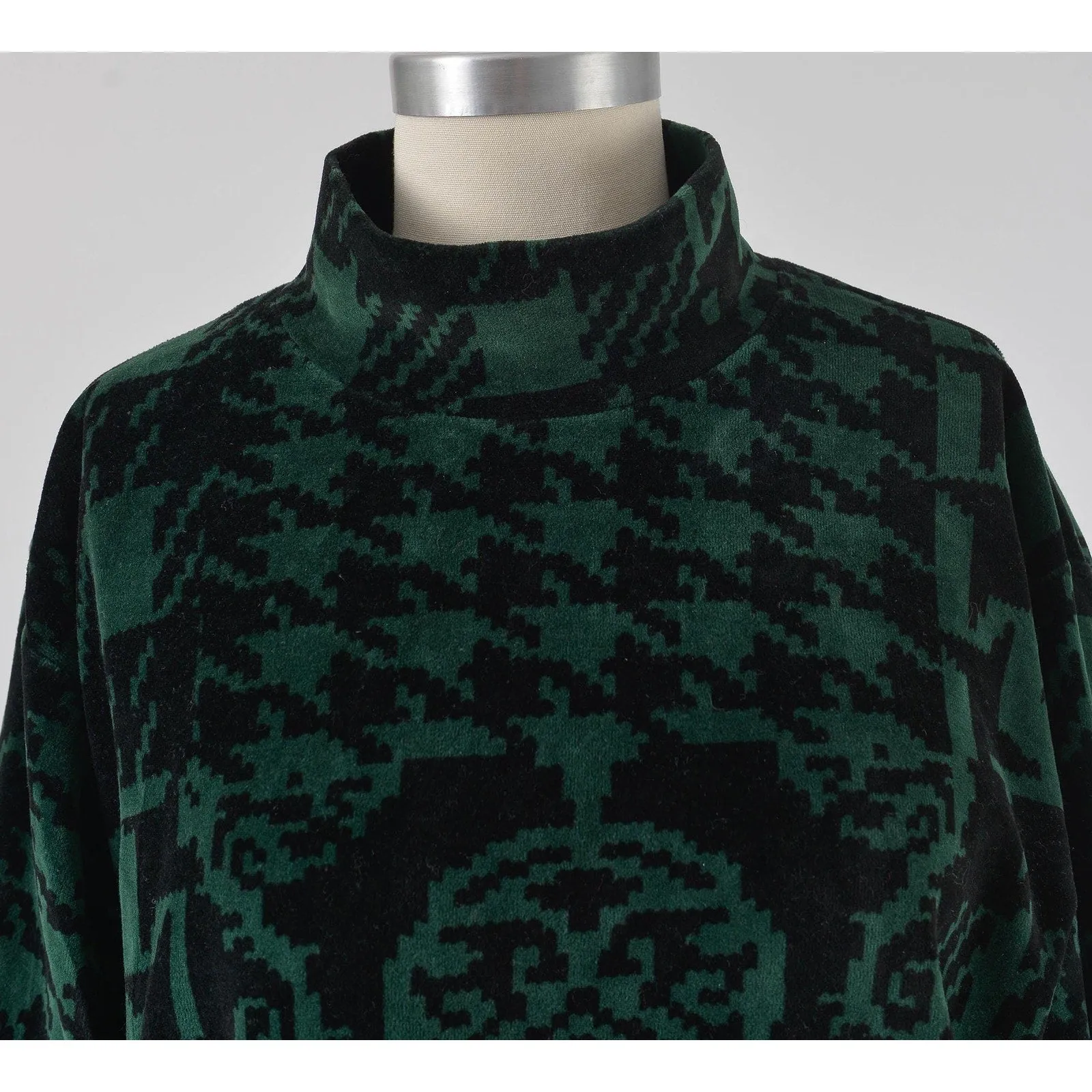 Vintage 90s Velour Plaid and Houndstooth Tunic Top Green and Black Mock Neck Stretchy Knit Shirt size M