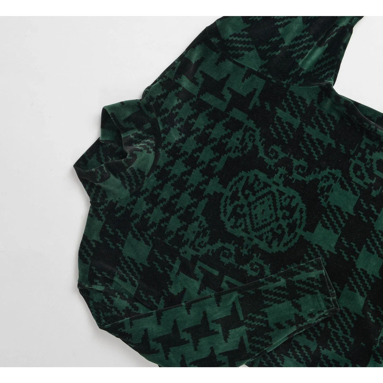 Vintage 90s Velour Plaid and Houndstooth Tunic Top Green and Black Mock Neck Stretchy Knit Shirt size M