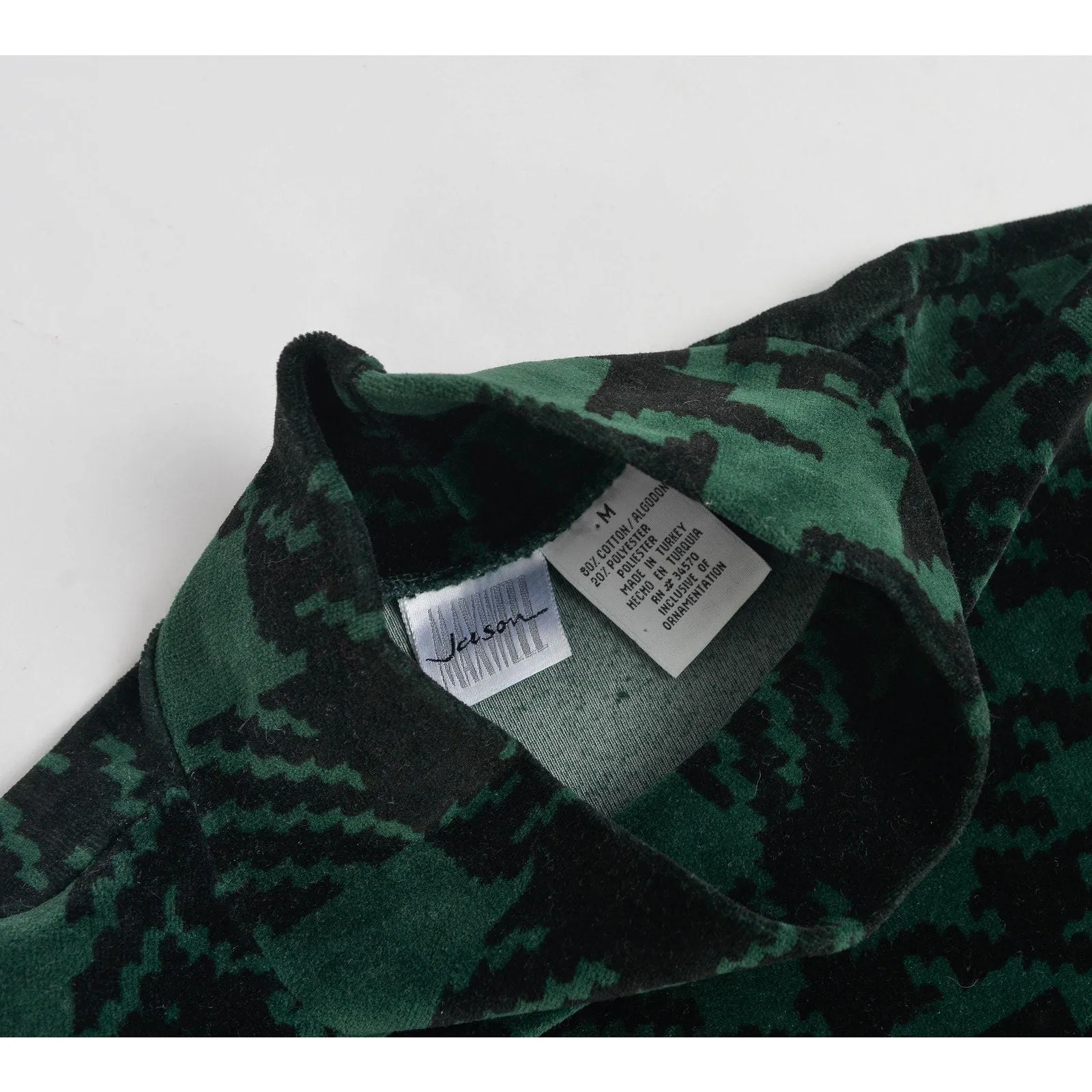 Vintage 90s Velour Plaid and Houndstooth Tunic Top Green and Black Mock Neck Stretchy Knit Shirt size M