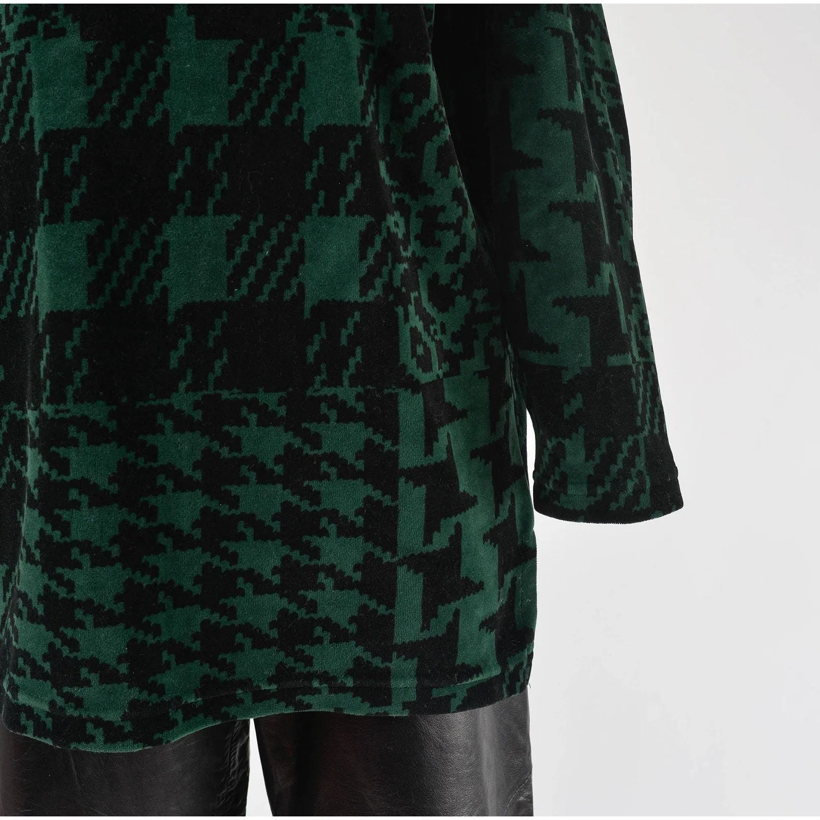 Vintage 90s Velour Plaid and Houndstooth Tunic Top Green and Black Mock Neck Stretchy Knit Shirt size M