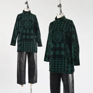 Vintage 90s Velour Plaid and Houndstooth Tunic Top Green and Black Mock Neck Stretchy Knit Shirt size M