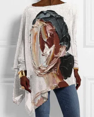 Vintage Oil Painting Black Print Irregular Top