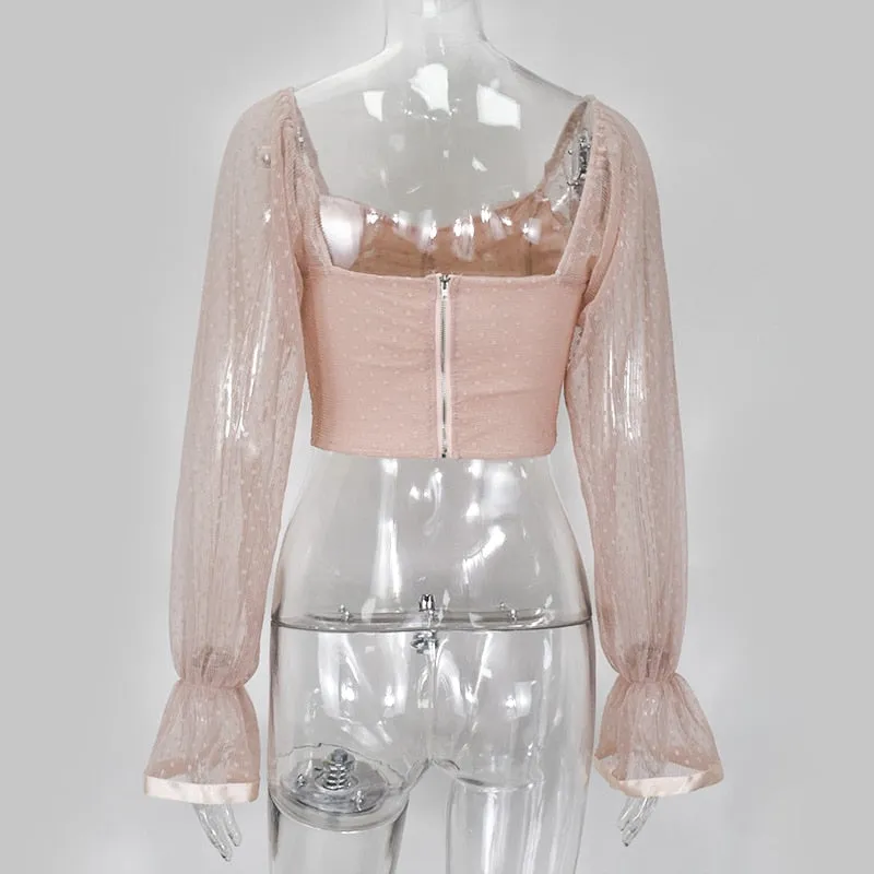 Vintage Pink Sweetheart Neckline Polka Dot Lantern Sleeve Women Ruched Blouse