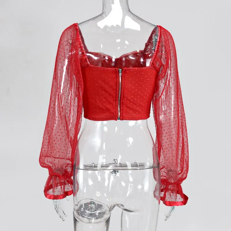 Vintage Pink Sweetheart Neckline Polka Dot Lantern Sleeve Women Ruched Blouse