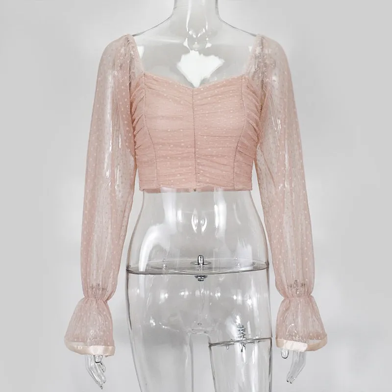 Vintage Pink Sweetheart Neckline Polka Dot Lantern Sleeve Women Ruched Blouse