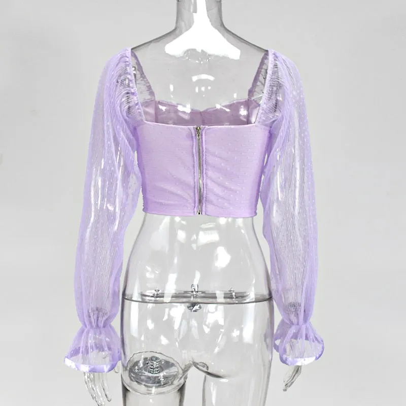 Vintage Pink Sweetheart Neckline Polka Dot Lantern Sleeve Women Ruched Blouse