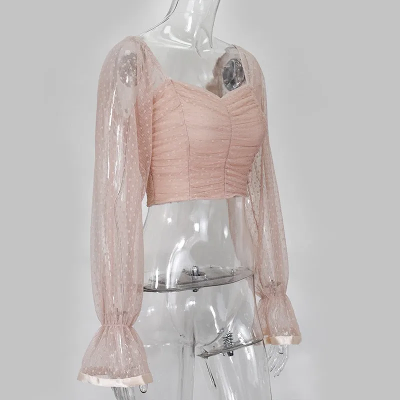 Vintage Pink Sweetheart Neckline Polka Dot Lantern Sleeve Women Ruched Blouse