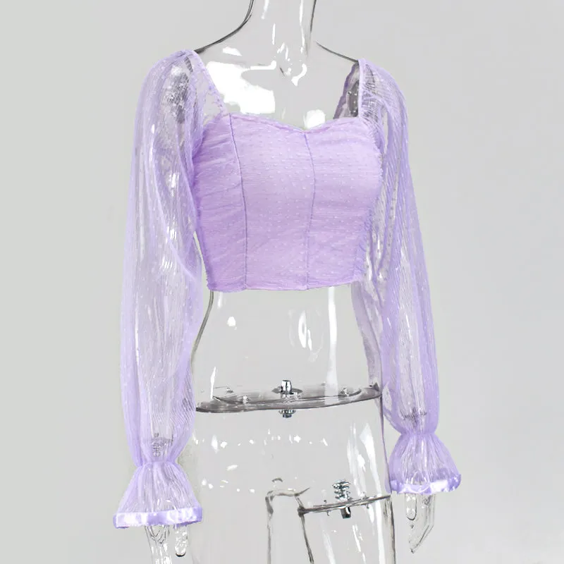 Vintage Pink Sweetheart Neckline Polka Dot Lantern Sleeve Women Ruched Blouse