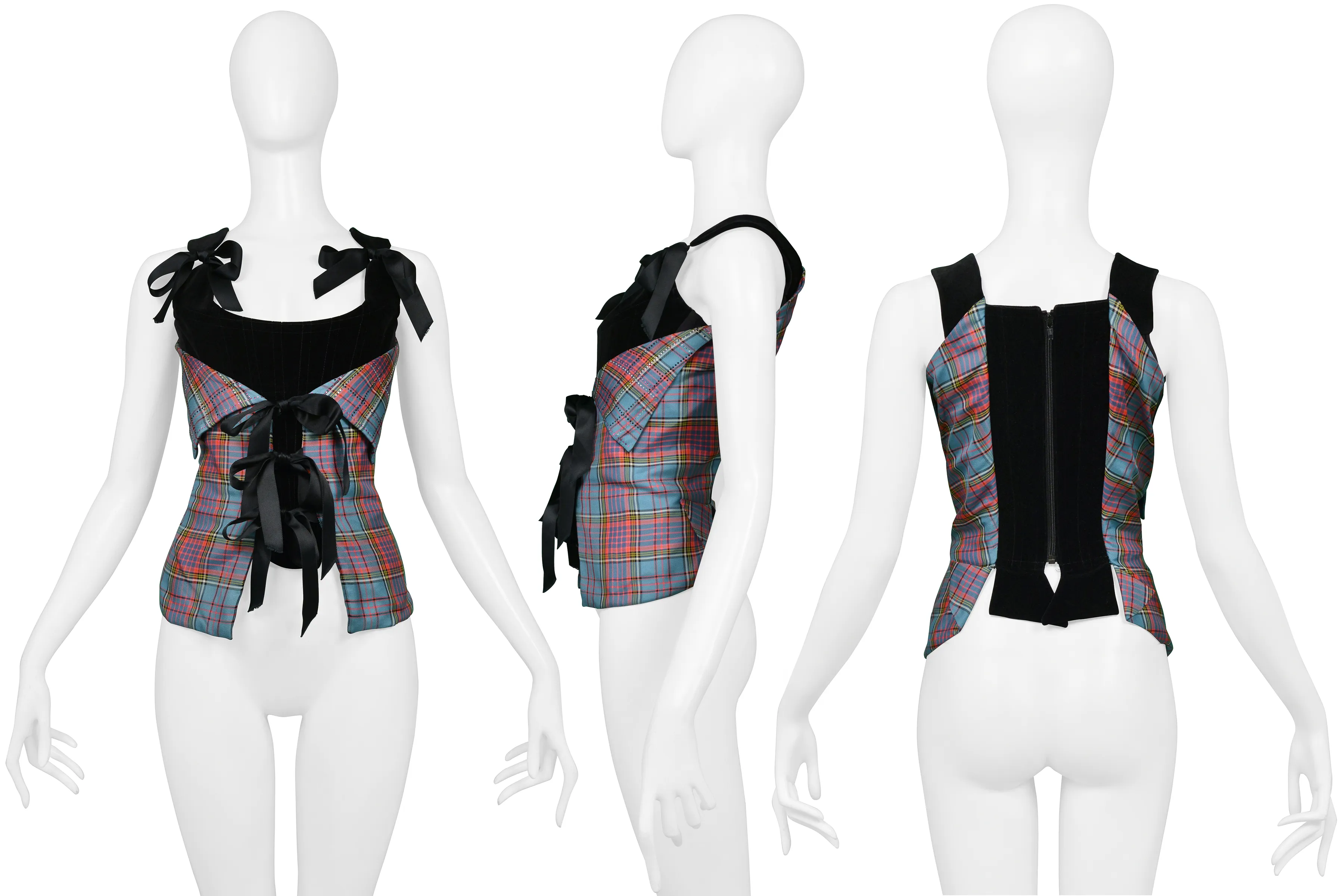 VIVIENNE WESTWOOD BLACK VELVET CORSET WITH MACANDREAS PLAID & RHINESTONE OVERLAY 1993