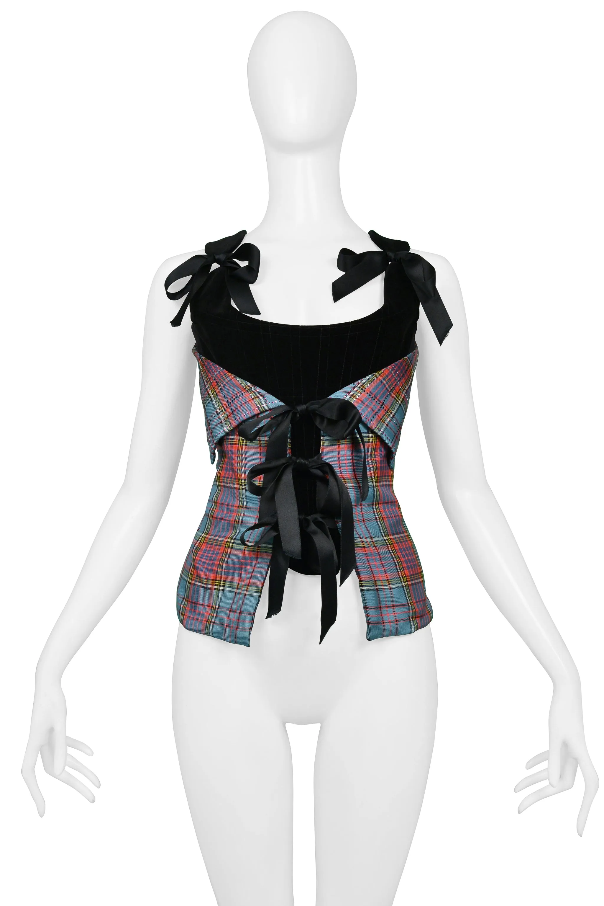 VIVIENNE WESTWOOD BLACK VELVET CORSET WITH MACANDREAS PLAID & RHINESTONE OVERLAY 1993