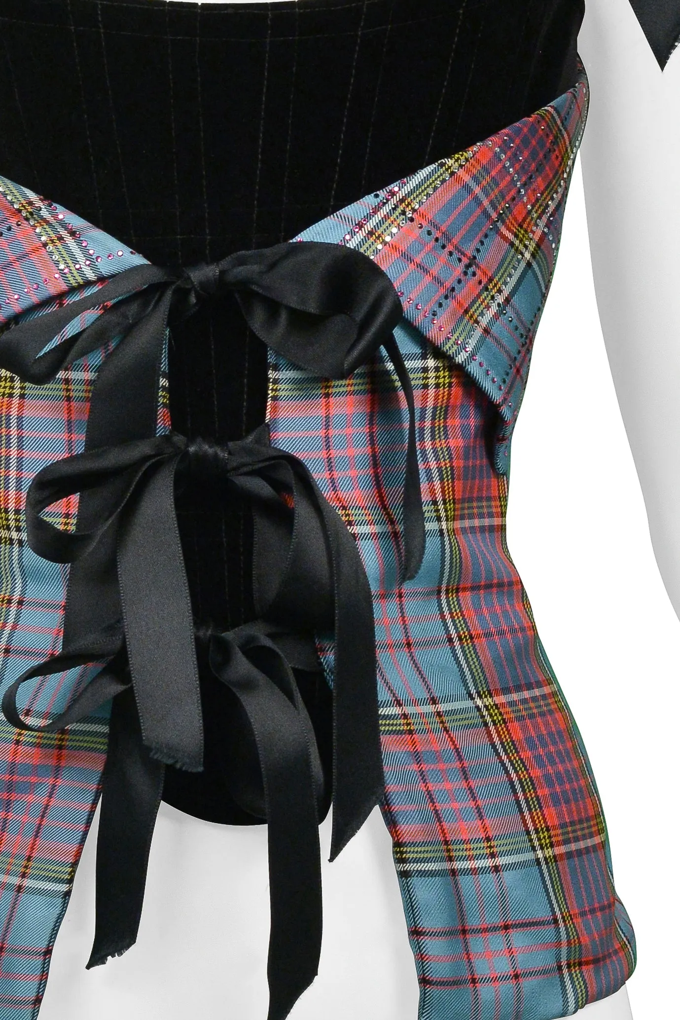 VIVIENNE WESTWOOD BLACK VELVET CORSET WITH MACANDREAS PLAID & RHINESTONE OVERLAY 1993