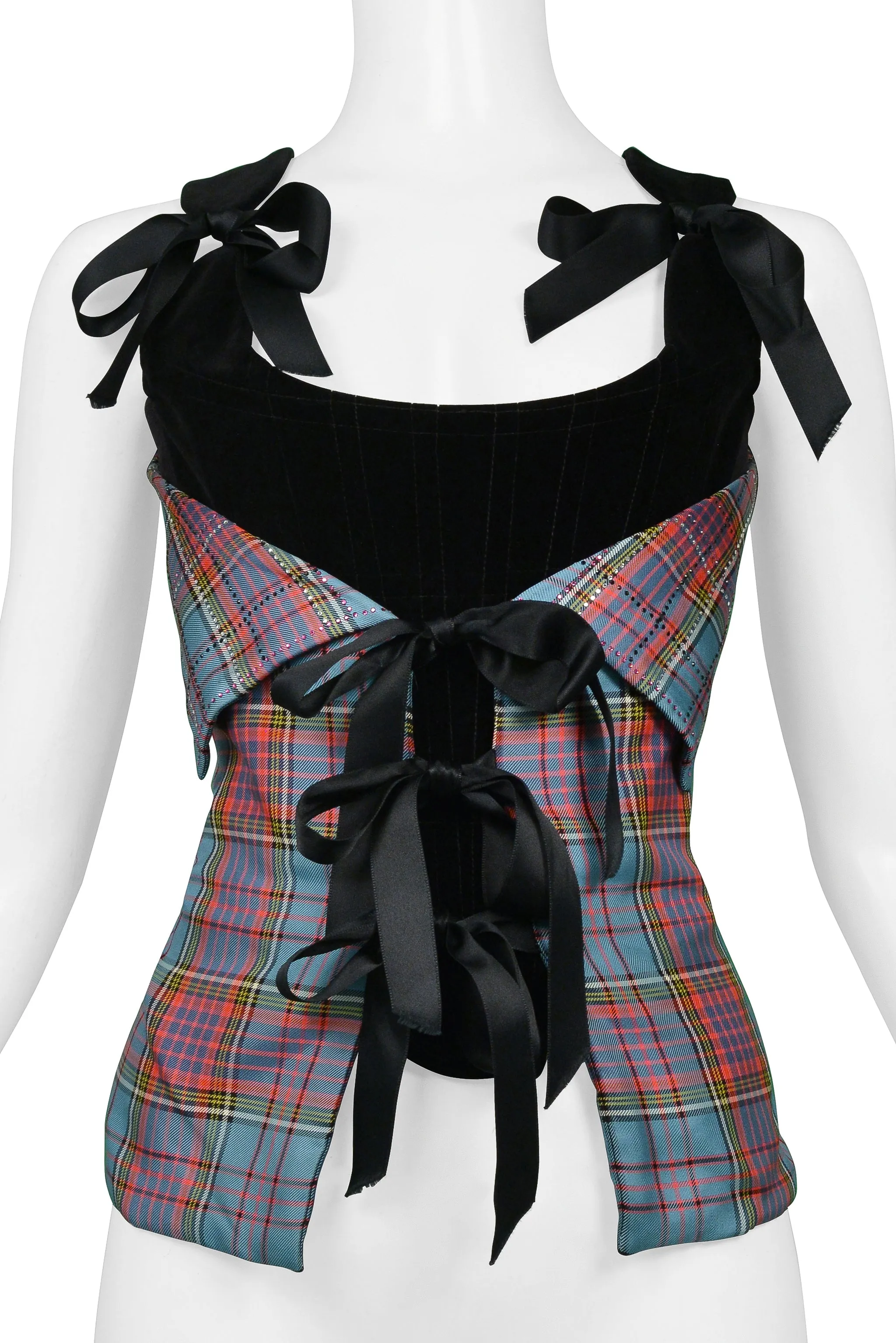 VIVIENNE WESTWOOD BLACK VELVET CORSET WITH MACANDREAS PLAID & RHINESTONE OVERLAY 1993