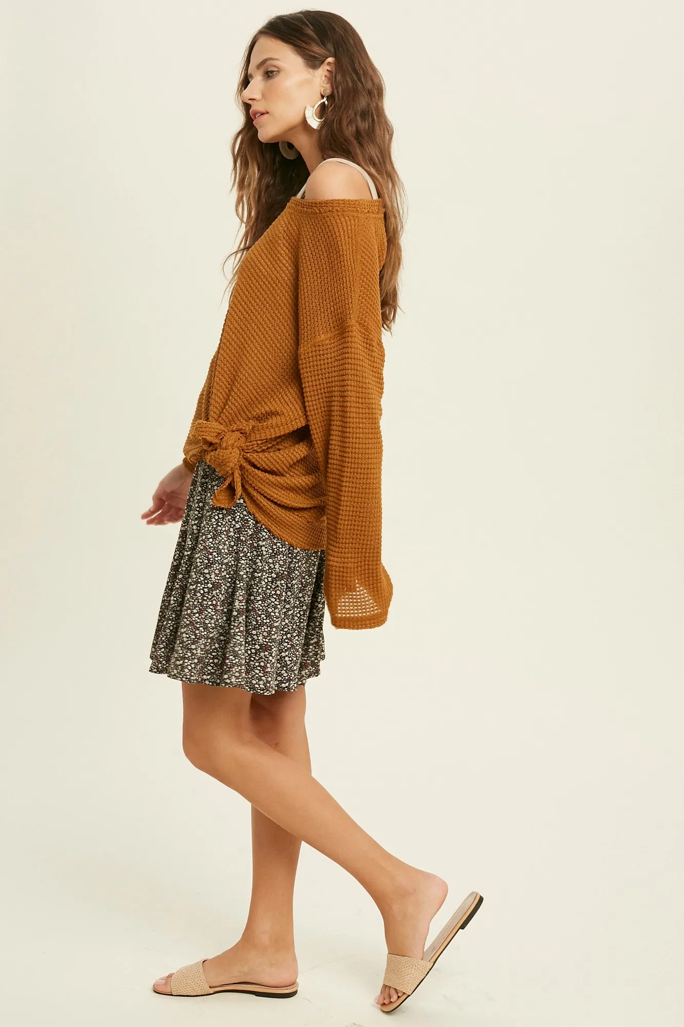 waffle knit round neck top - camel