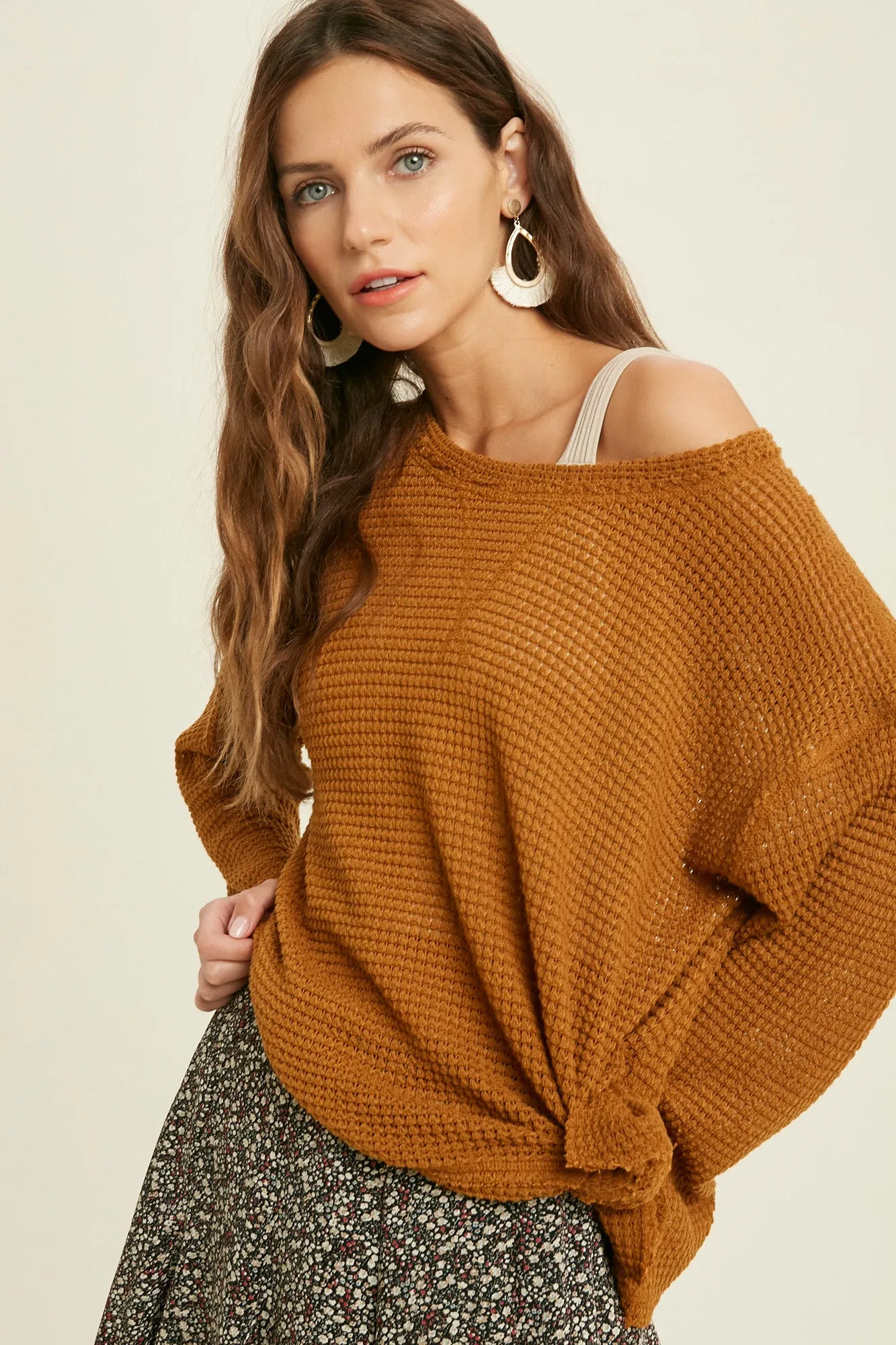 waffle knit round neck top - camel