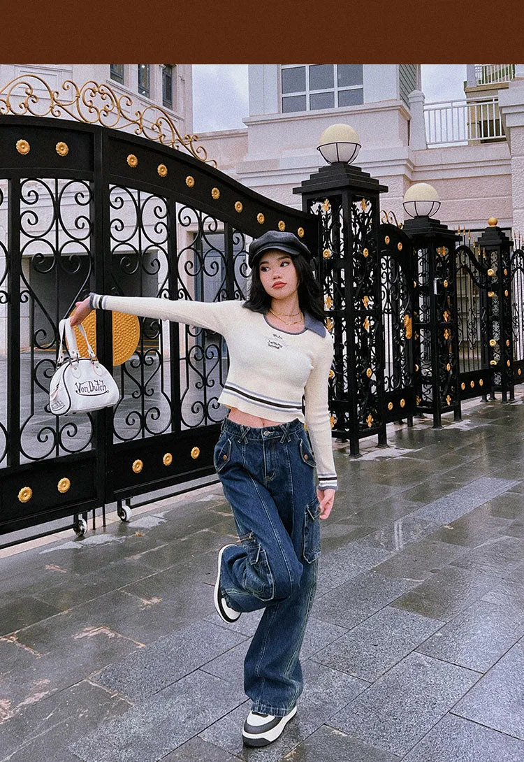 WE ARE BEERBROCLUB Solid Color Ribbed Slim Long Sleeve Cropped Top