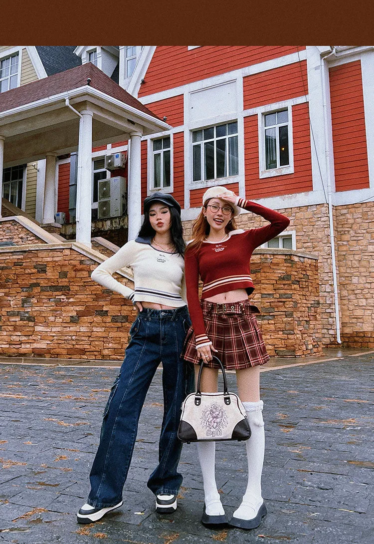 WE ARE BEERBROCLUB Solid Color Ribbed Slim Long Sleeve Cropped Top