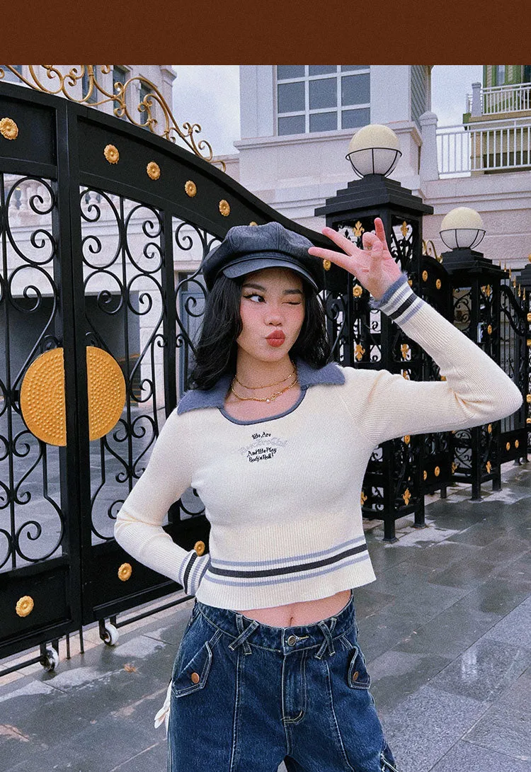 WE ARE BEERBROCLUB Solid Color Ribbed Slim Long Sleeve Cropped Top
