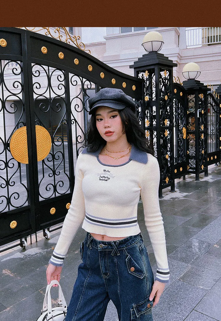 WE ARE BEERBROCLUB Solid Color Ribbed Slim Long Sleeve Cropped Top