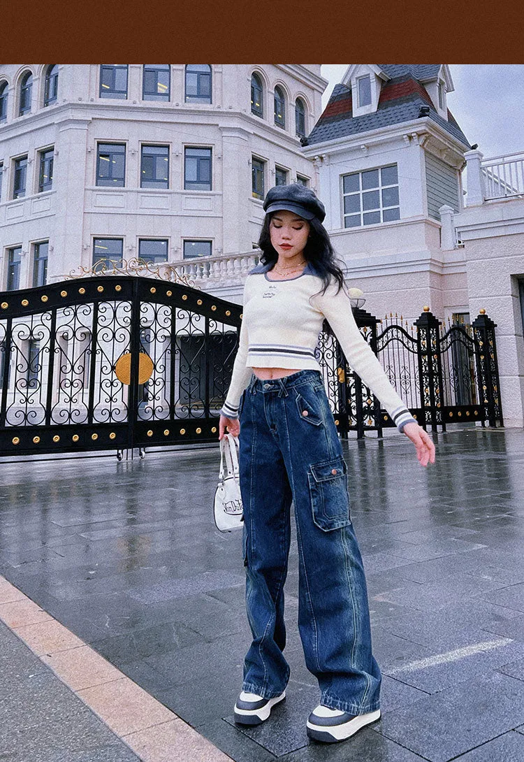 WE ARE BEERBROCLUB Solid Color Ribbed Slim Long Sleeve Cropped Top