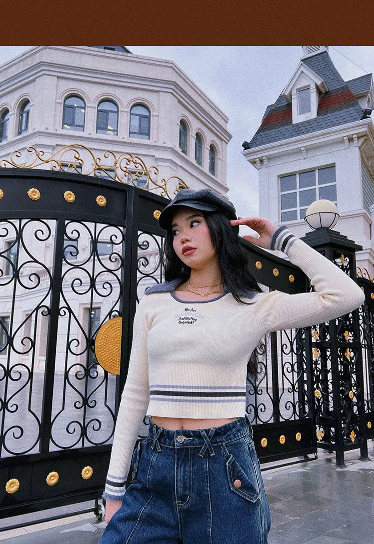 WE ARE BEERBROCLUB Solid Color Ribbed Slim Long Sleeve Cropped Top