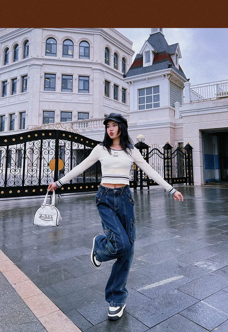 WE ARE BEERBROCLUB Solid Color Ribbed Slim Long Sleeve Cropped Top
