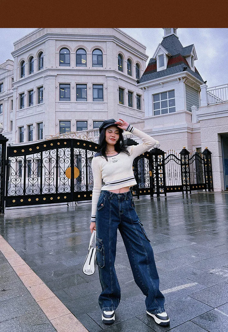WE ARE BEERBROCLUB Solid Color Ribbed Slim Long Sleeve Cropped Top