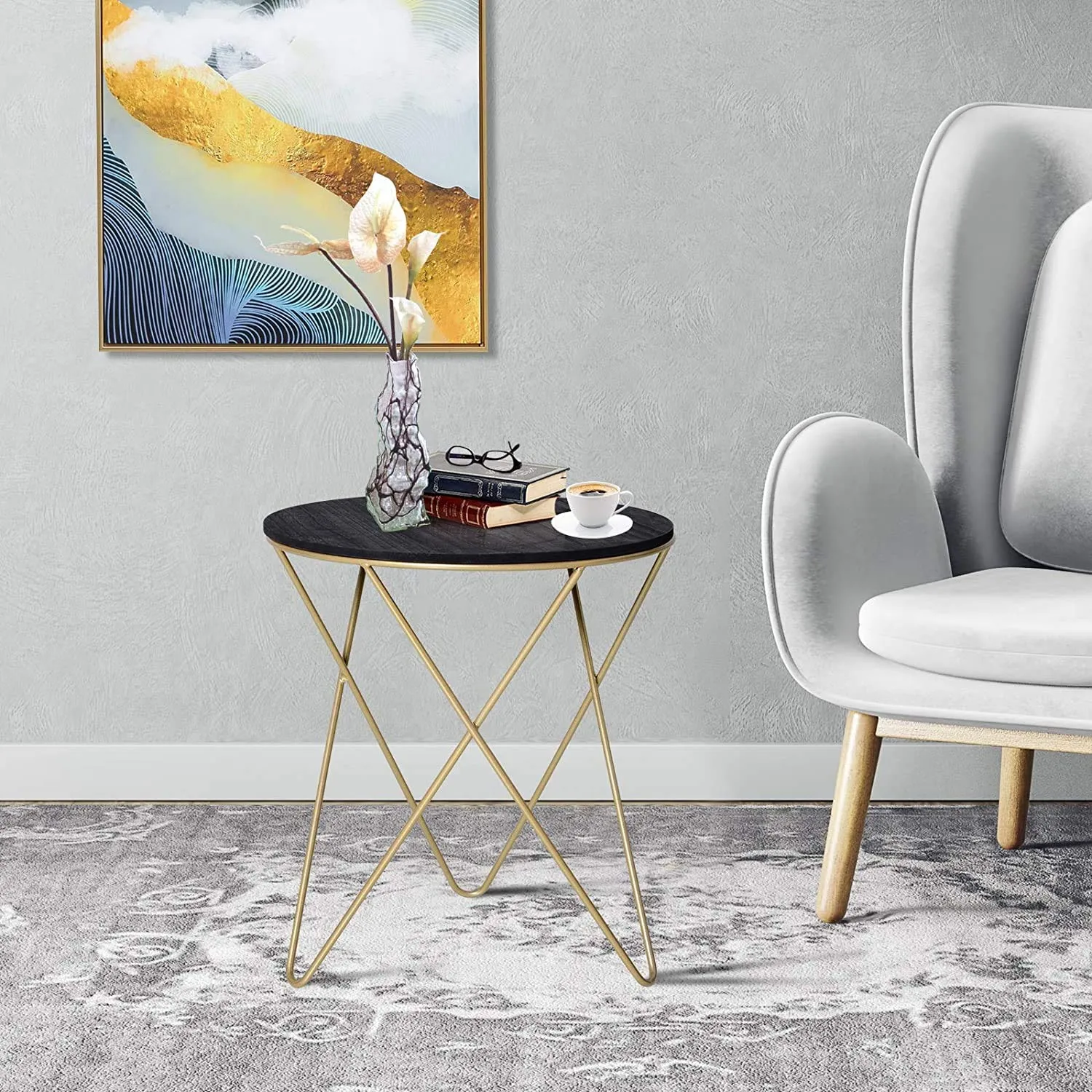 Weston Crafts Wooden Metal Round Coffee Table Sofa End Side Bedside Table Modern Style Living Room Decor - Black Gold Color