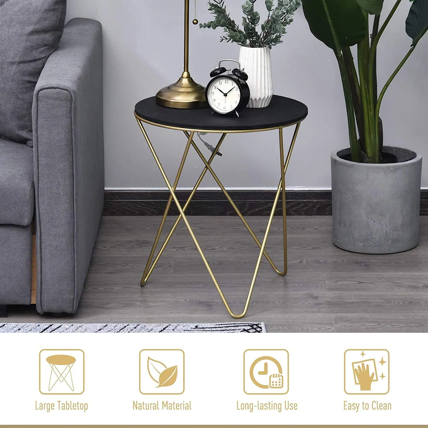 Weston Crafts Wooden Metal Round Coffee Table Sofa End Side Bedside Table Modern Style Living Room Decor - Black Gold Color