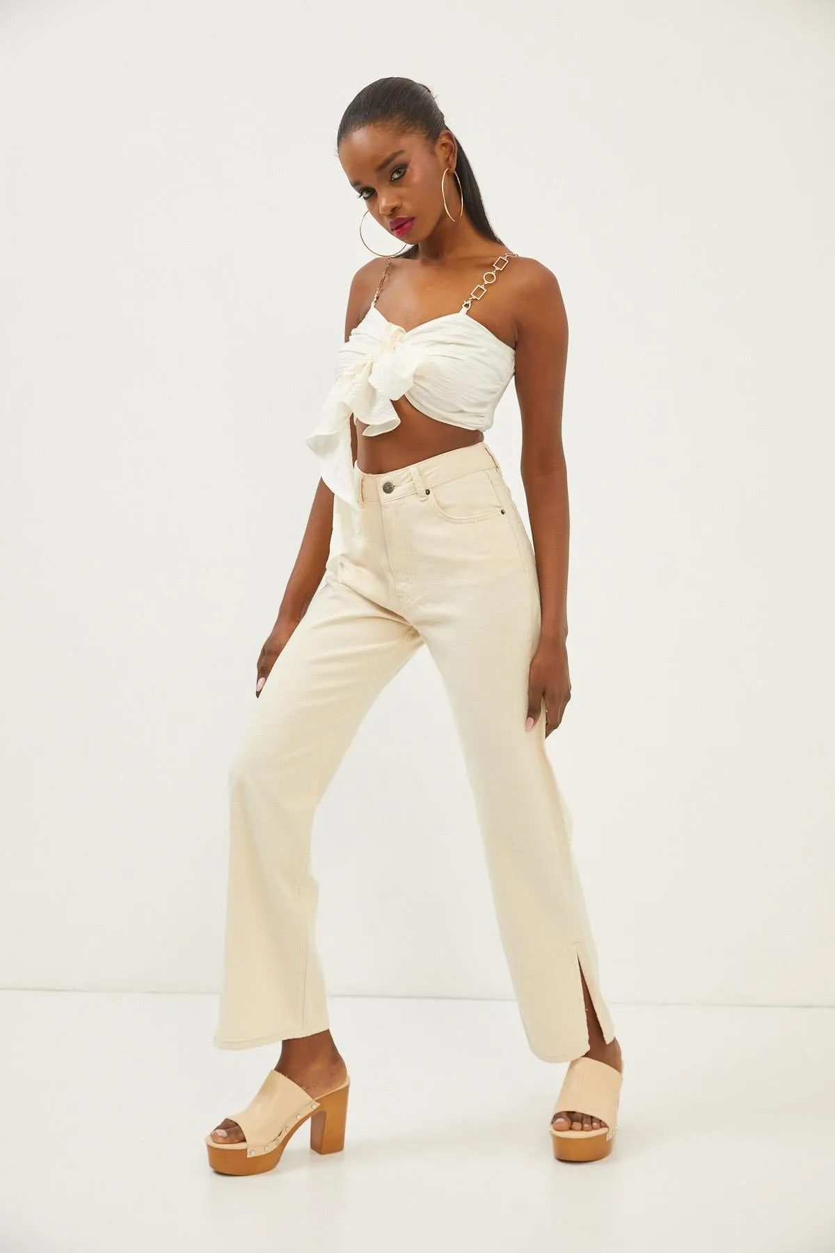White Cotton Chain Strap Crop Top