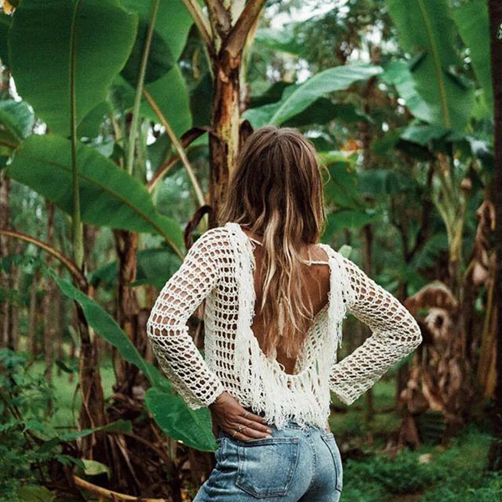 White Crochet Fringe Top Boho Long Sleeve Fishnet Weave Crop Top Beach Cover Up One Size