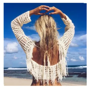 White Crochet Fringe Top Boho Long Sleeve Fishnet Weave Crop Top Beach Cover Up One Size