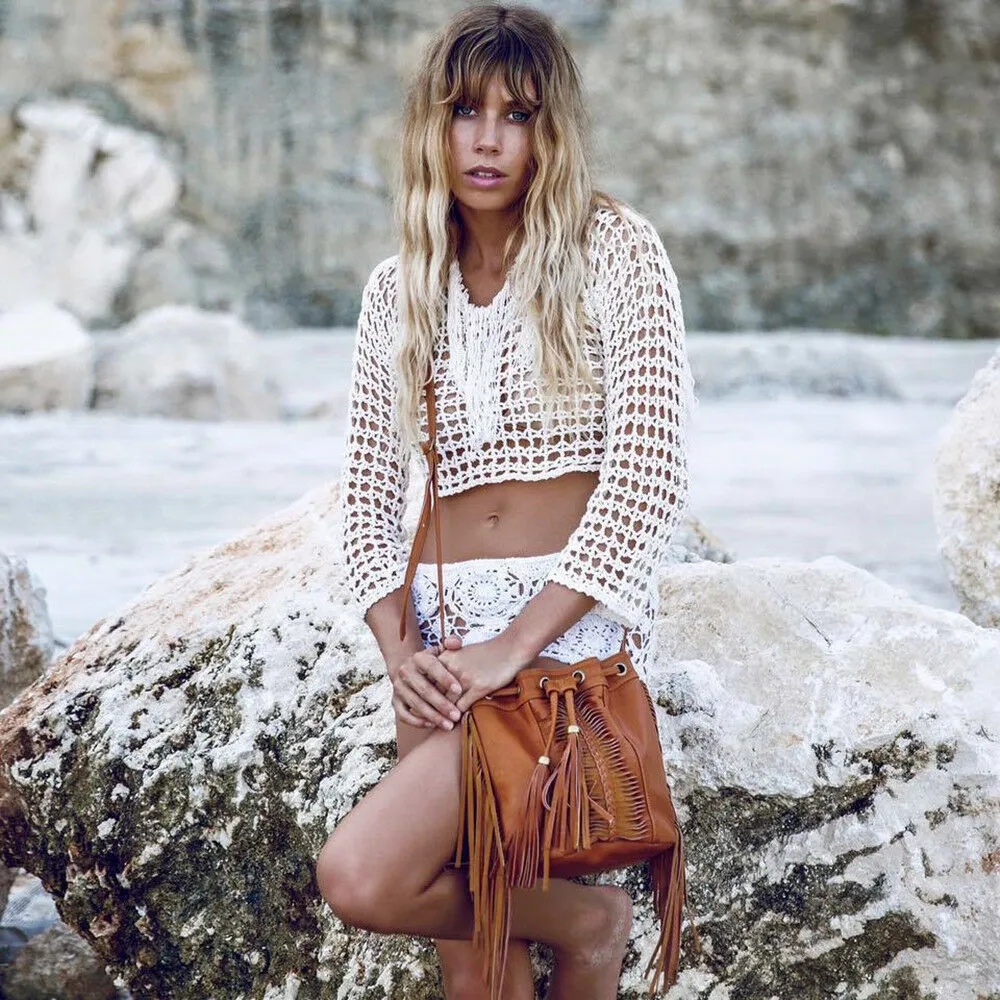 White Crochet Fringe Top Boho Long Sleeve Fishnet Weave Crop Top Beach Cover Up One Size