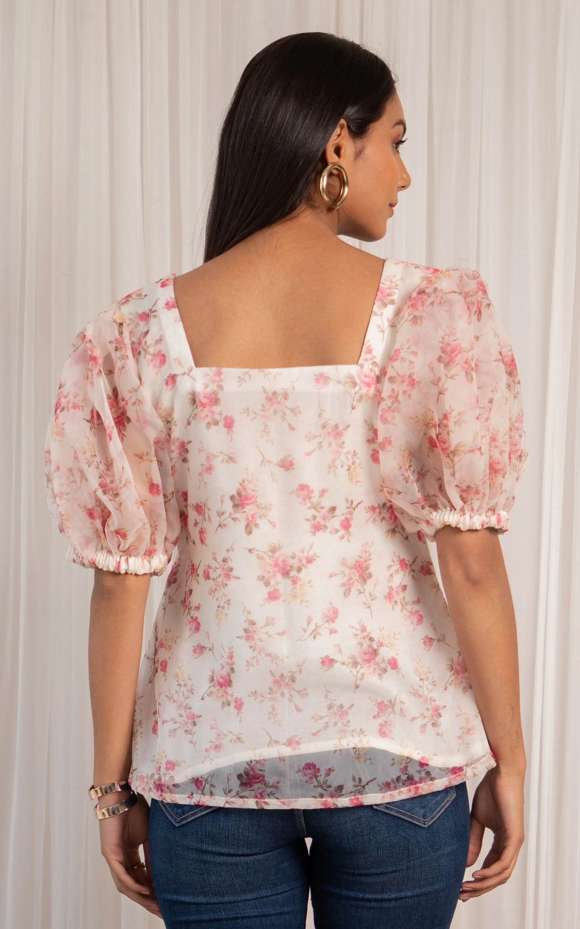 White Floral Fluffed Sleeve Organza Shirt Top