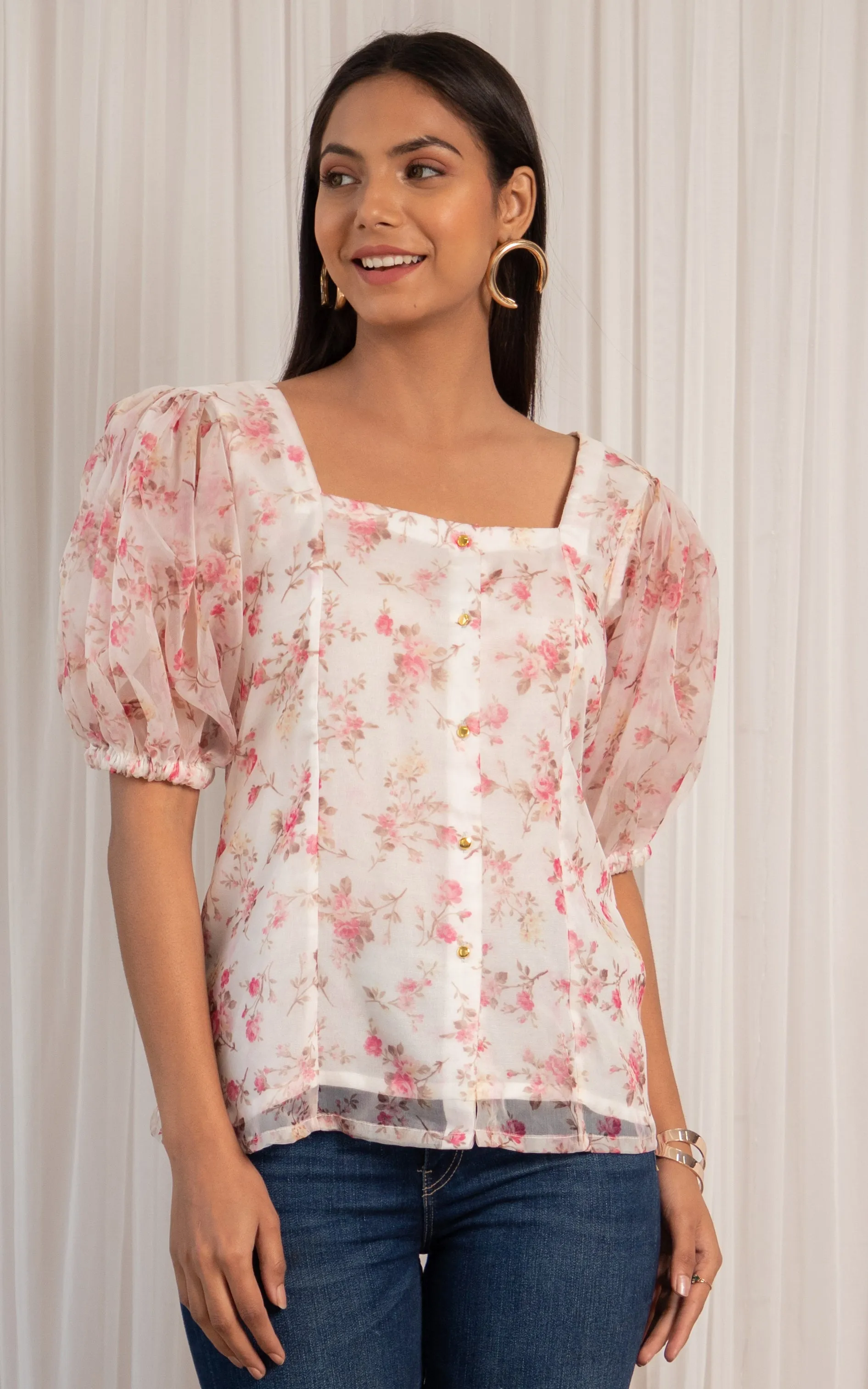 White Floral Fluffed Sleeve Organza Shirt Top