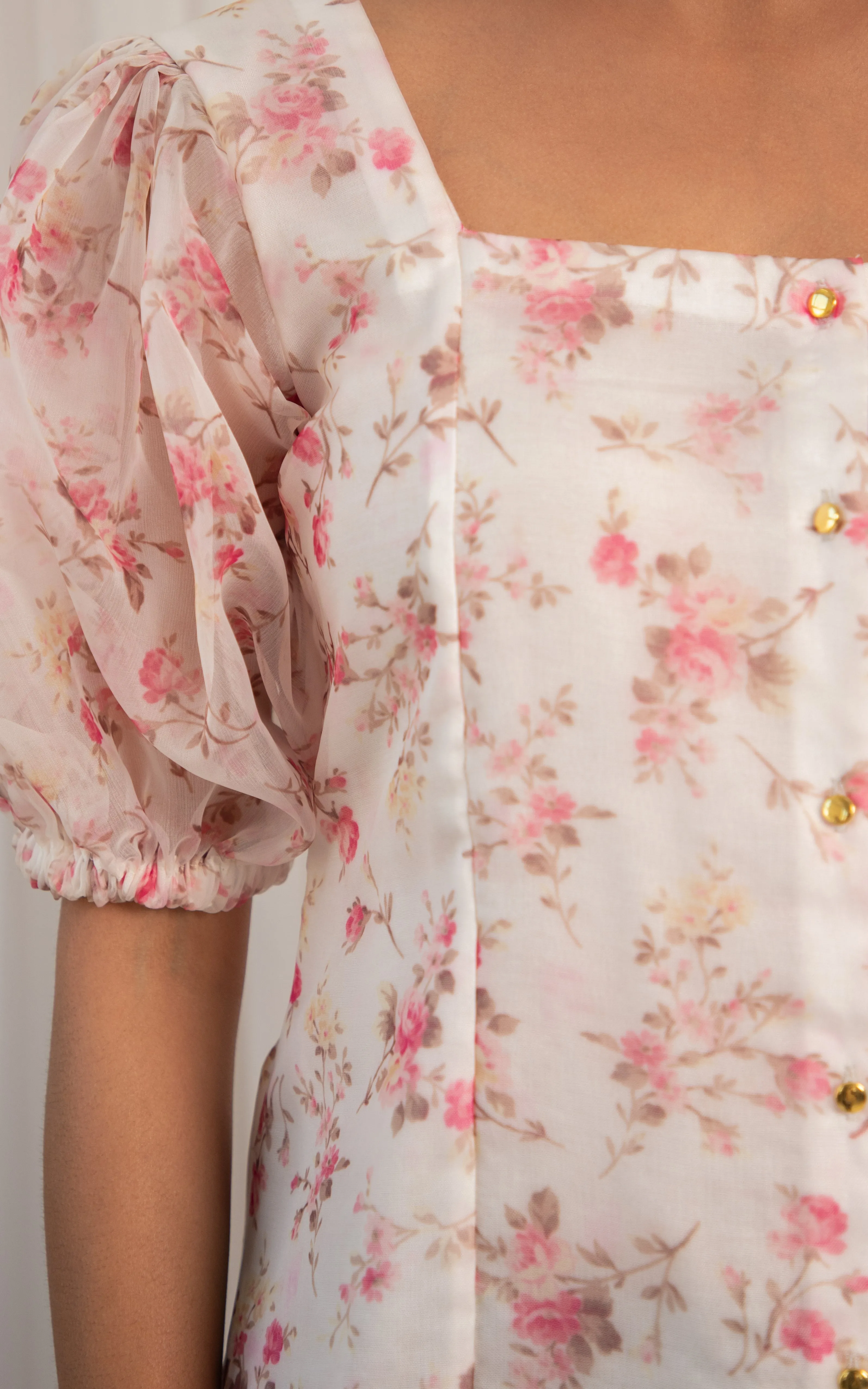 White Floral Fluffed Sleeve Organza Shirt Top