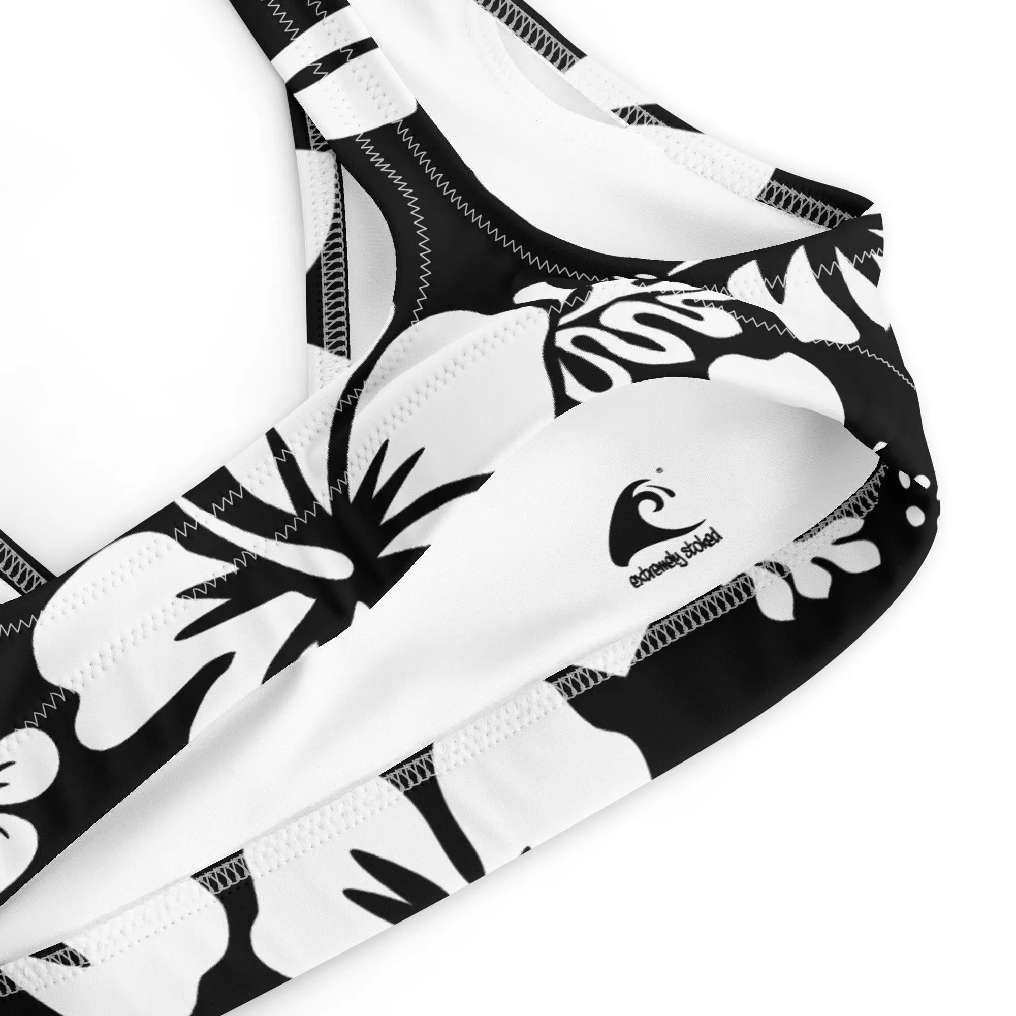 White Hawaiian Hibiscus Flowers on Black Halter Bikini Top