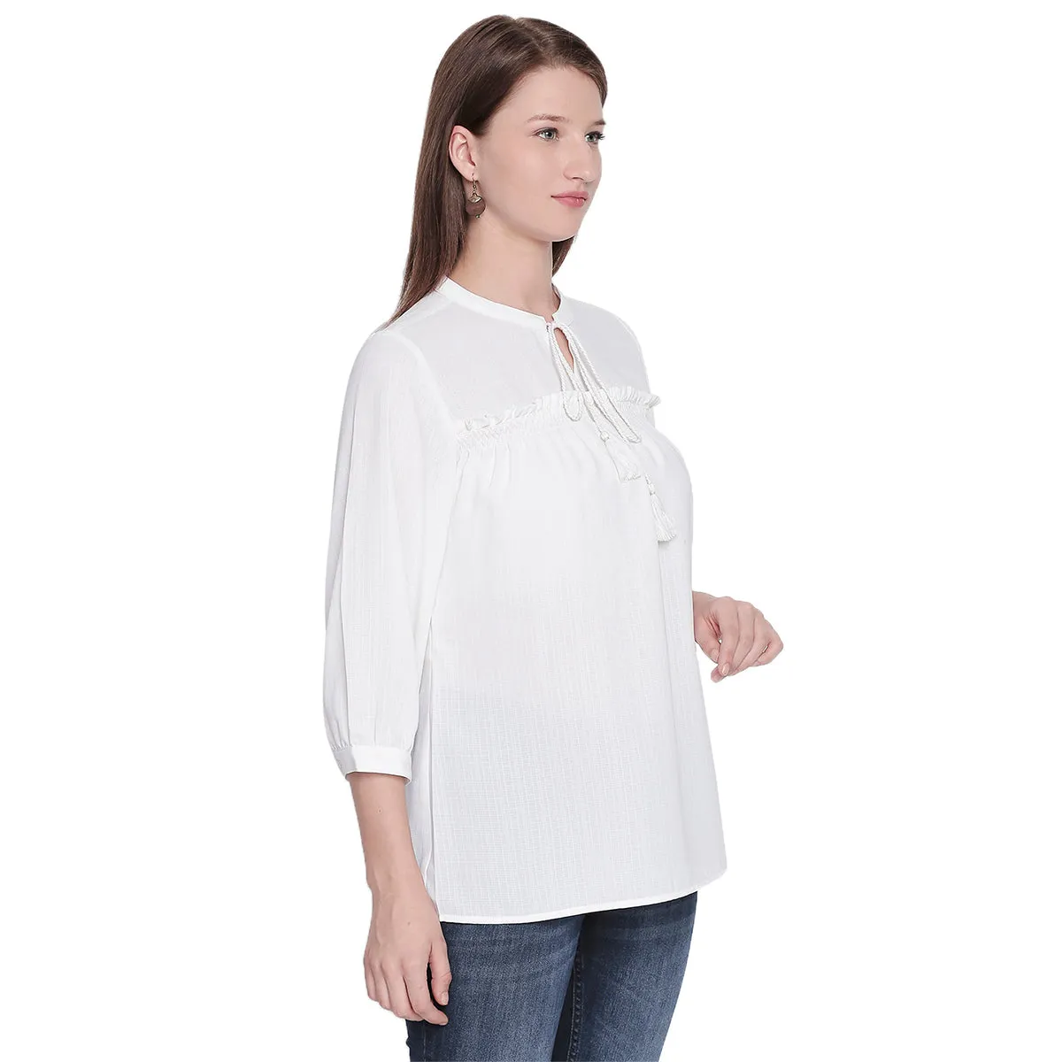 White Solid Top With Mandarin Collar