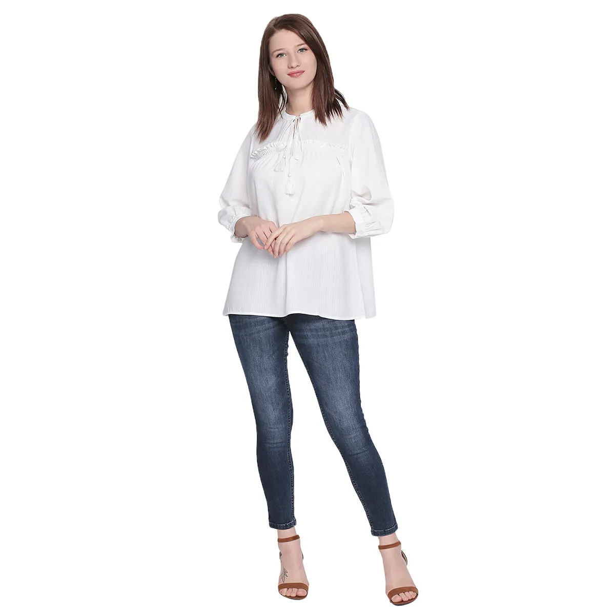 White Solid Top With Mandarin Collar