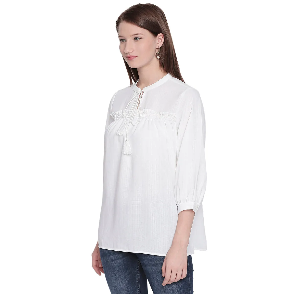 White Solid Top With Mandarin Collar