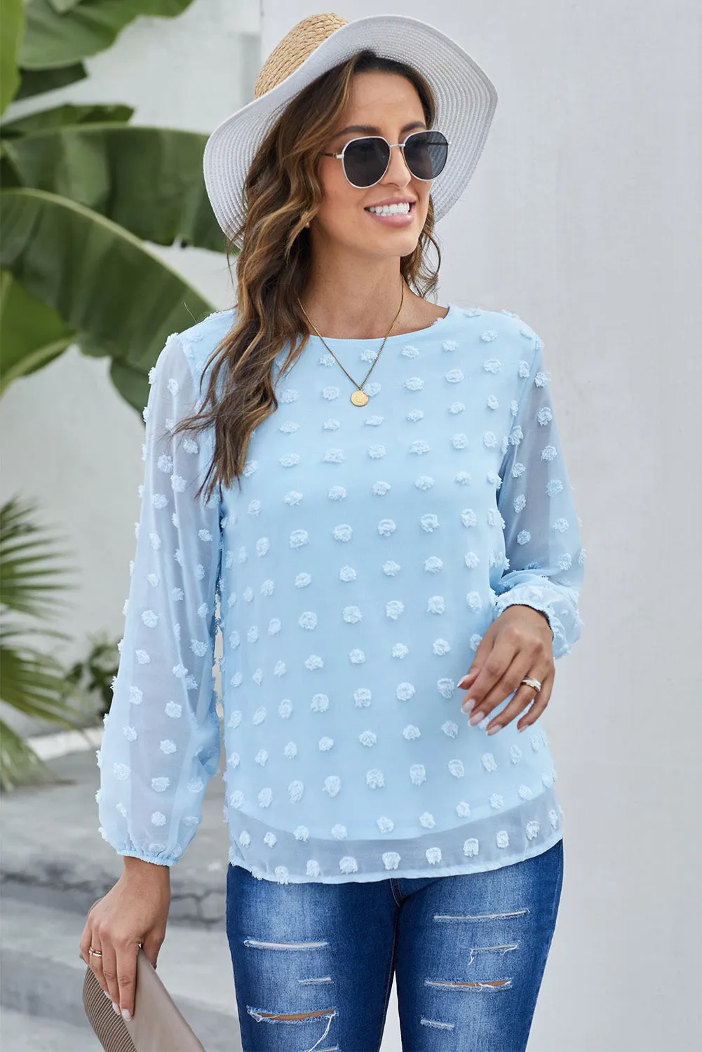 White Swiss Dot Baloon Sleeve Top