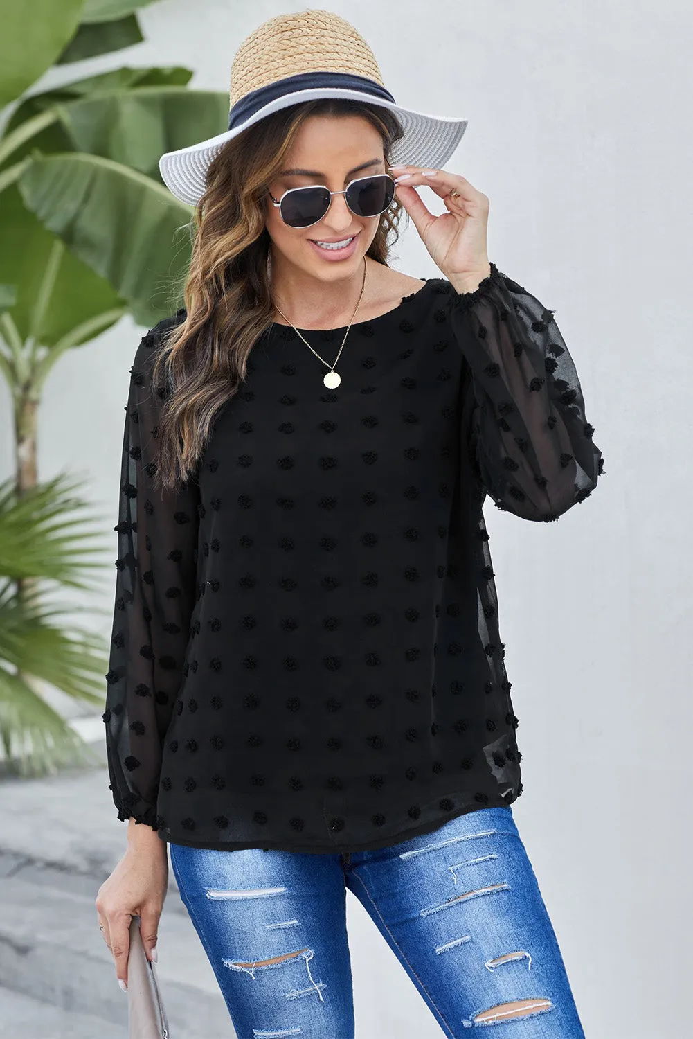 White Swiss Dot Baloon Sleeve Top