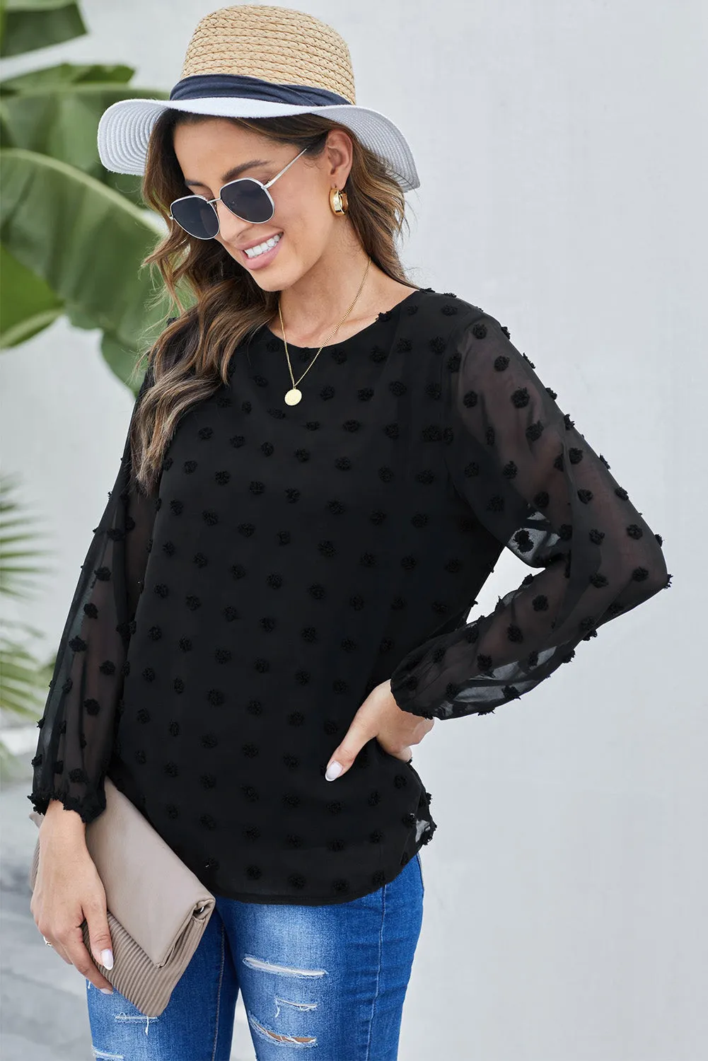 White Swiss Dot Baloon Sleeve Top