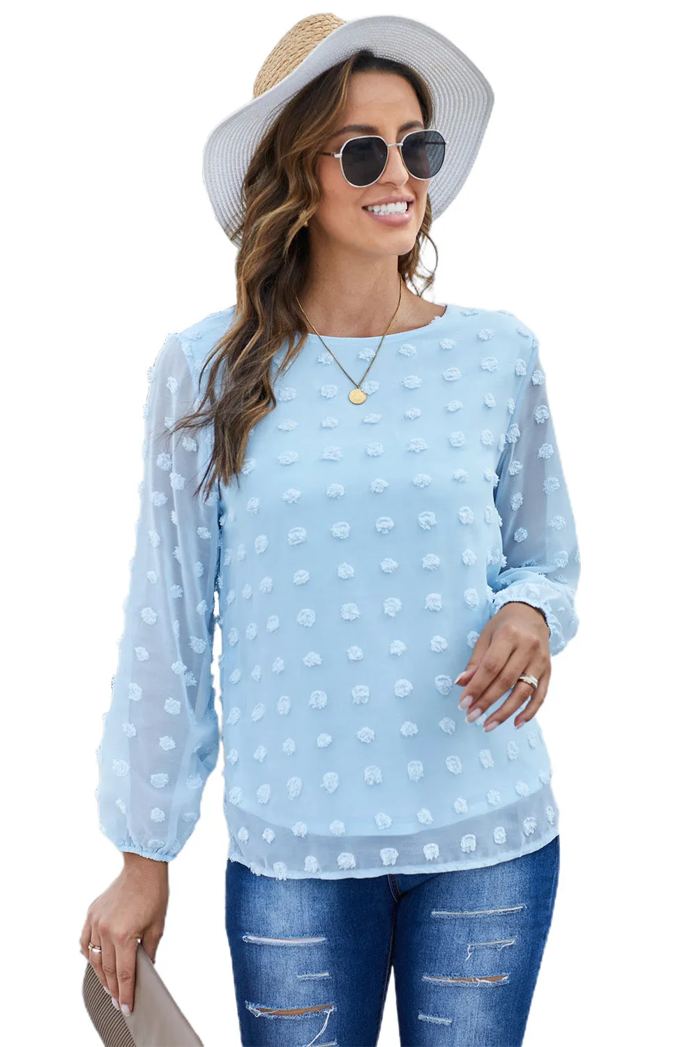 White Swiss Dot Baloon Sleeve Top