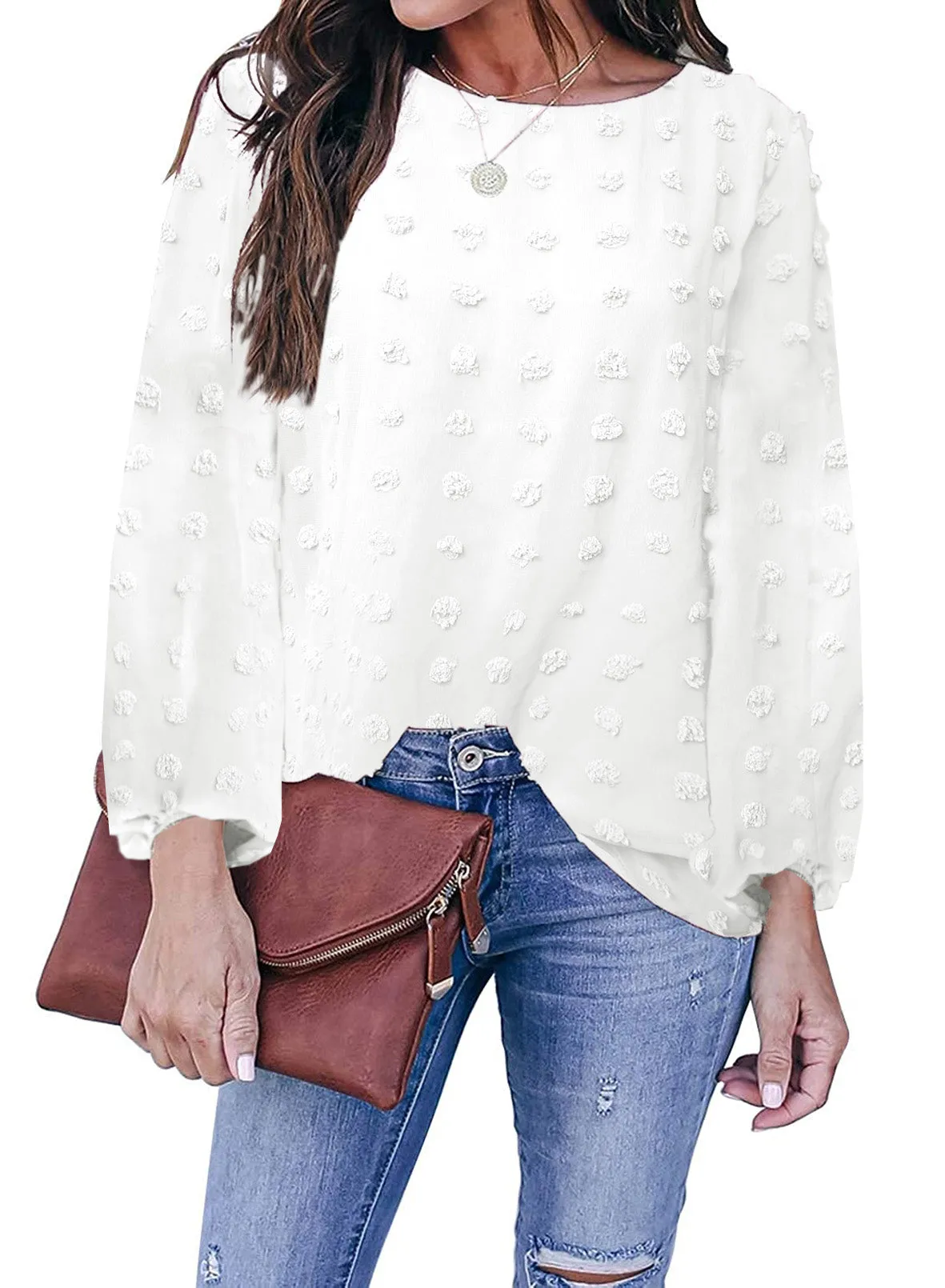 White Swiss Dot Baloon Sleeve Top